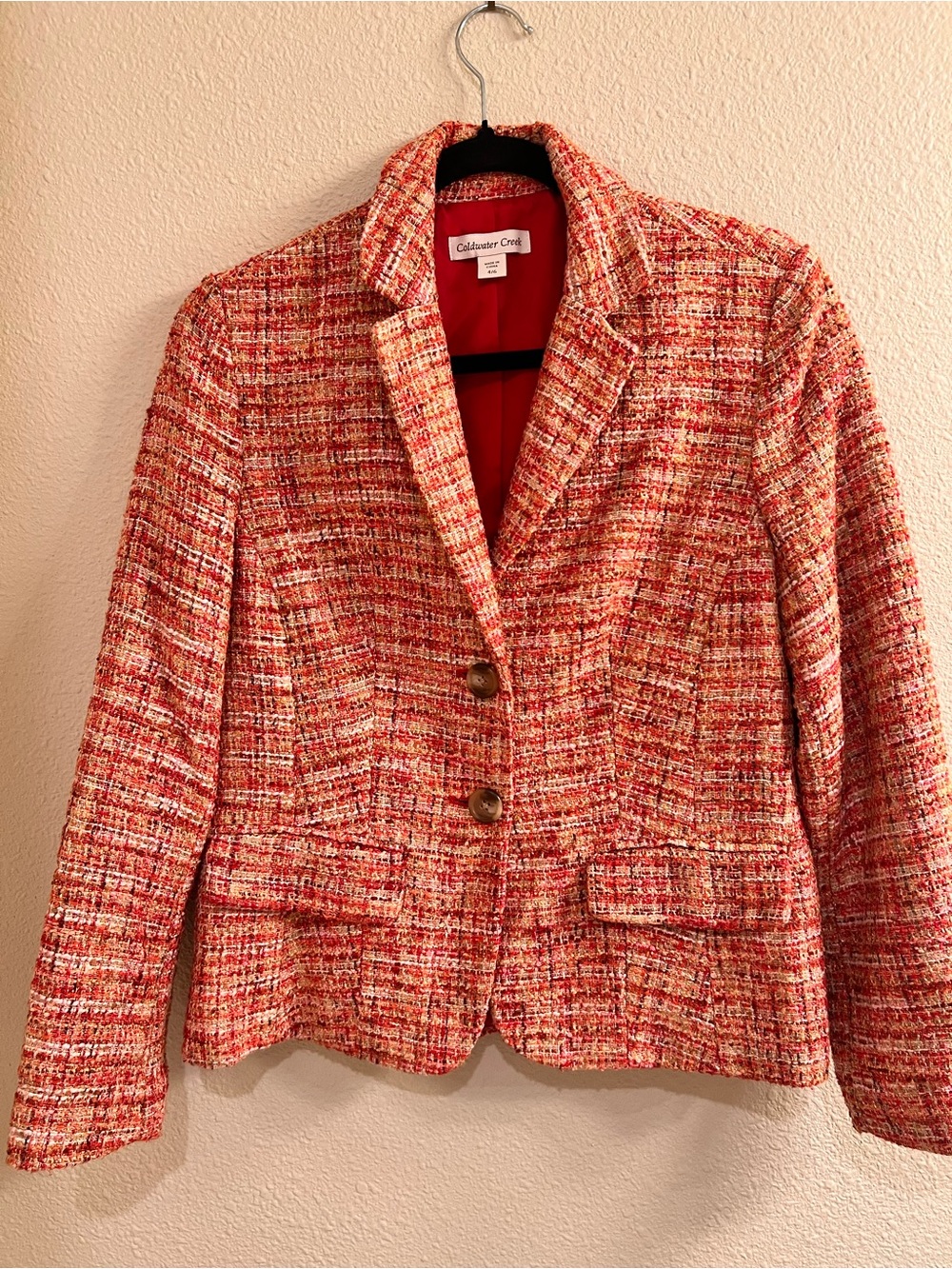 Coldwater Creek Coral-Red Tweed Blazer Jacket